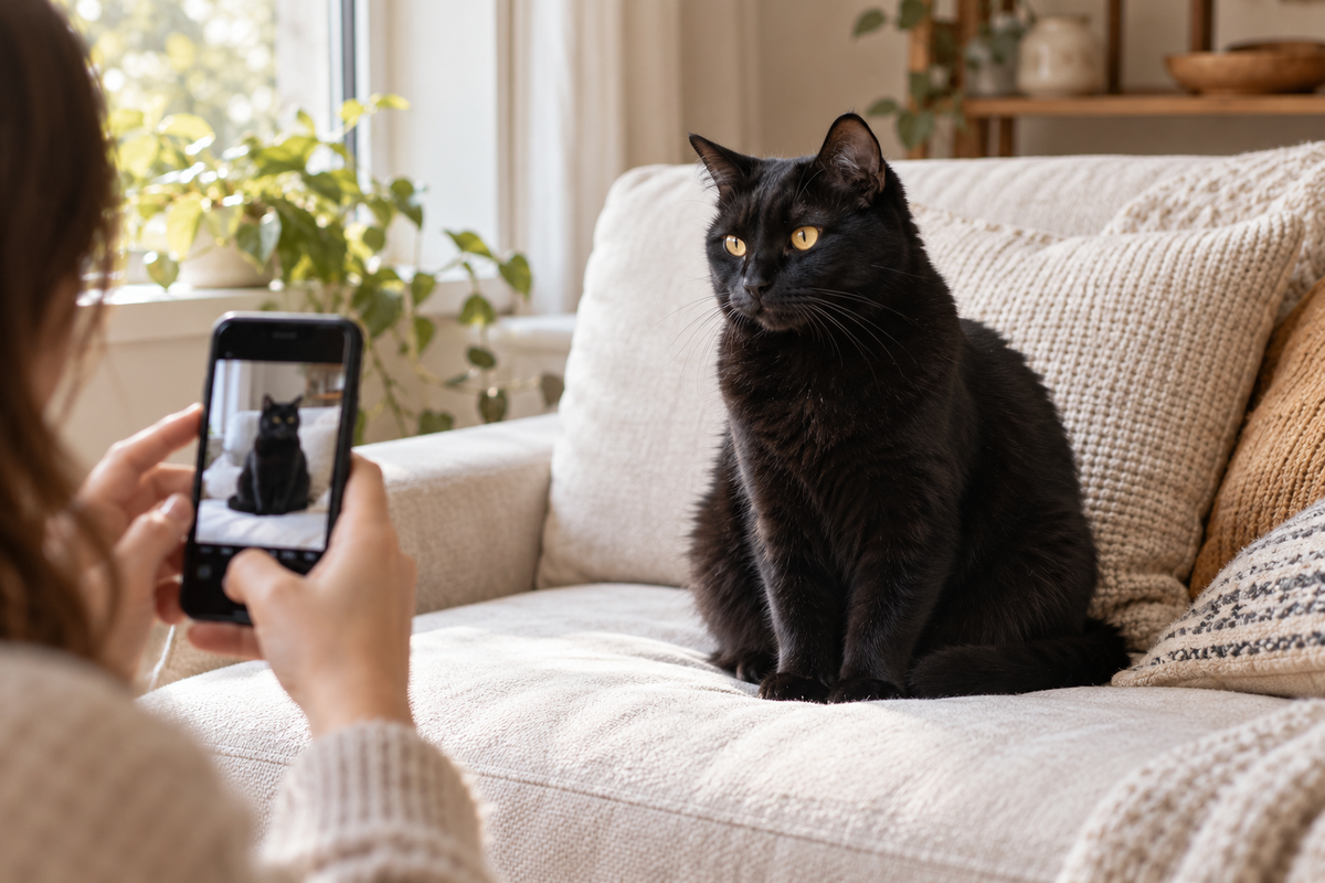 Black cat resting on a cream sofa in soft window light while a person photographs it from a comfortable distance