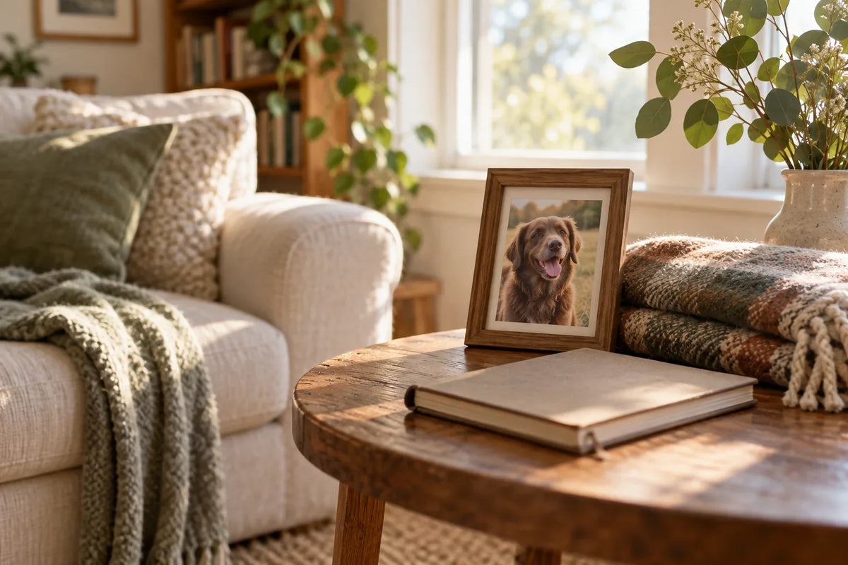 Generated photo-style illustration of a framed dog photograph beside a folded blanket and journal.
