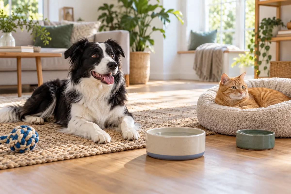 Generated photo-style illustration of a dog and cat beside separate bowls and resting spaces.