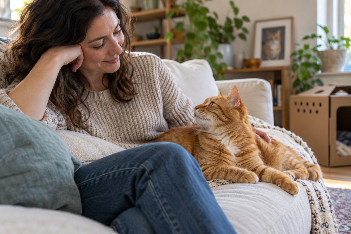 Ginger cat and owner sharing a quiet moment on a sofa