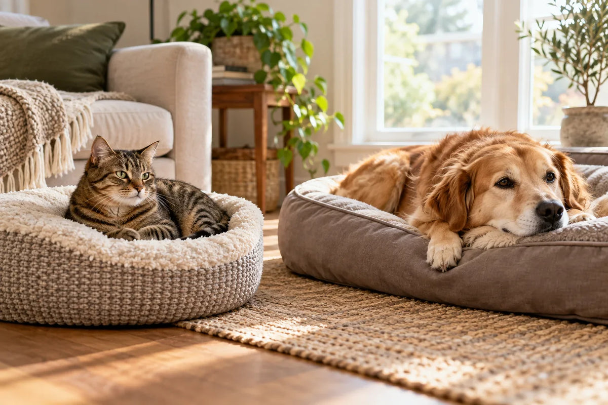 Generated photo-style illustration of a cat and dog resting in separate comfortable beds.