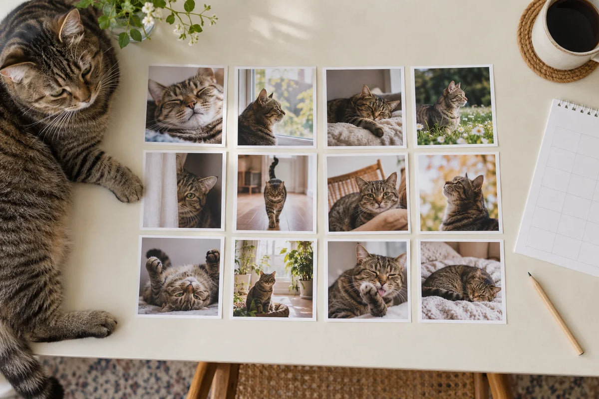 Photo-style illustration of a tabby cat beside twelve pet photographs and a blank calendar.