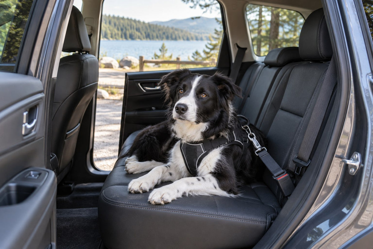 Dog resting on a parked car's rear seat in a connected travel harness
