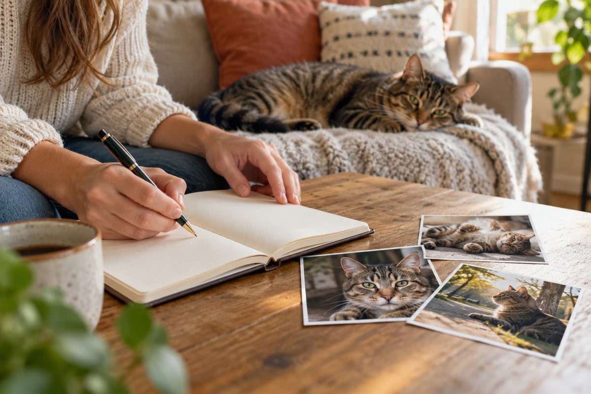 Hands writing beside printed pet photos with a tabby cat resting nearby