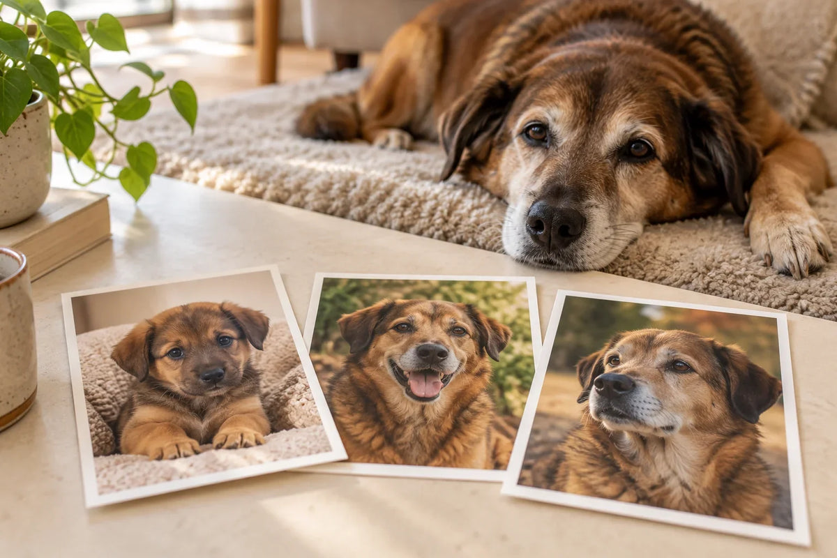 Photo-style illustration of puppy, adult and senior dog photographs arranged as a timeline.