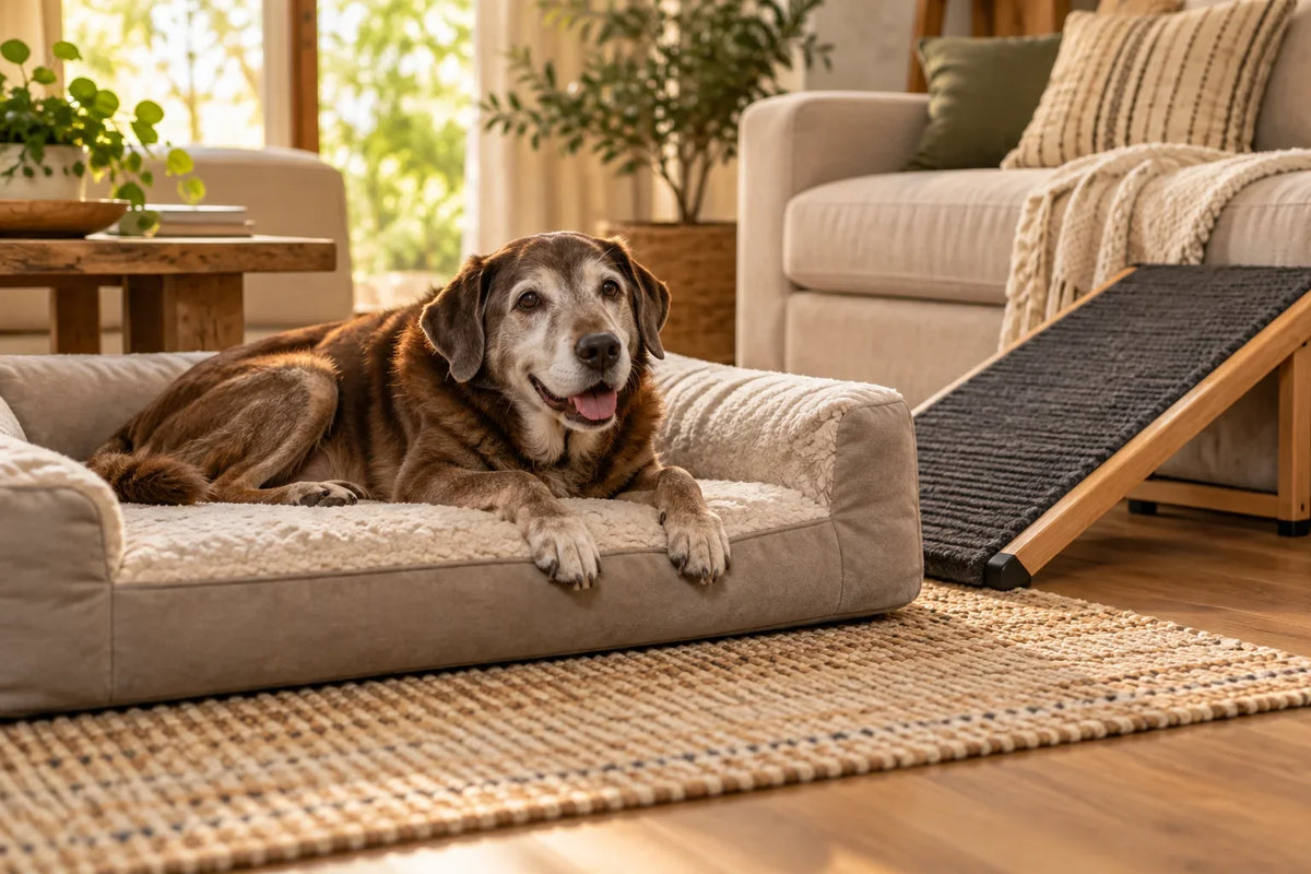 Generated photo-style illustration of a senior dog on a low bed beside a rug and ramp.