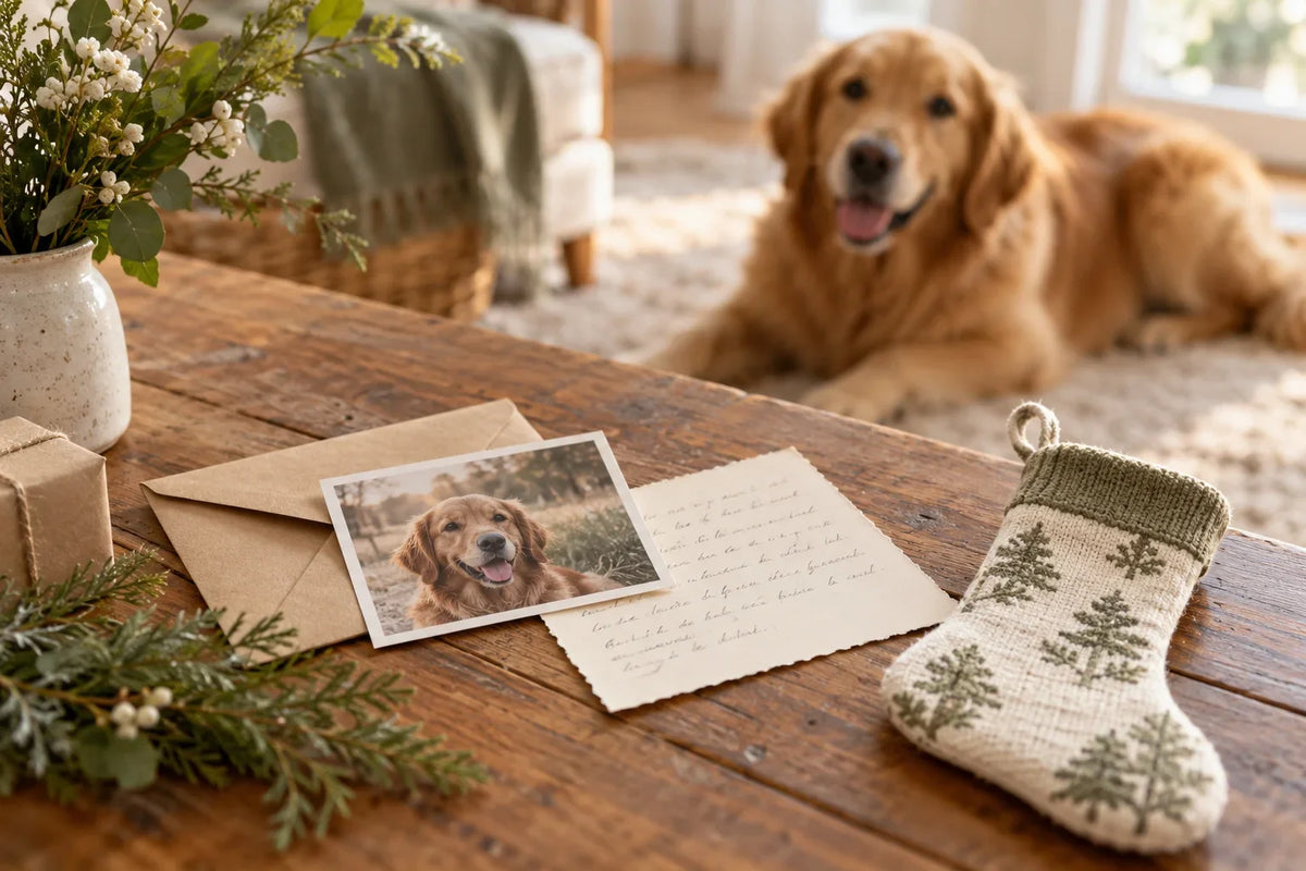 Photo-style illustration of dog photographs, a handwritten note and a Christmas stocking.