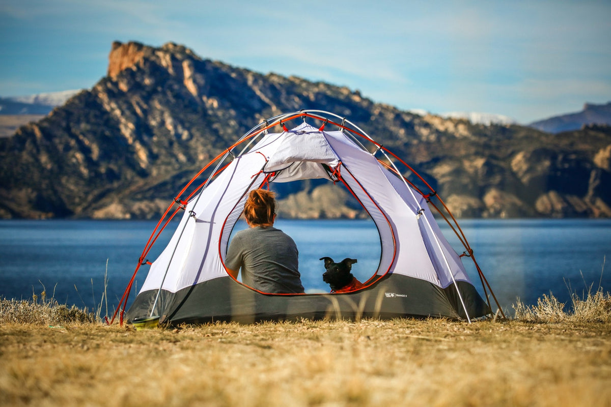 Woman and her dog sitting in a tent by the water
