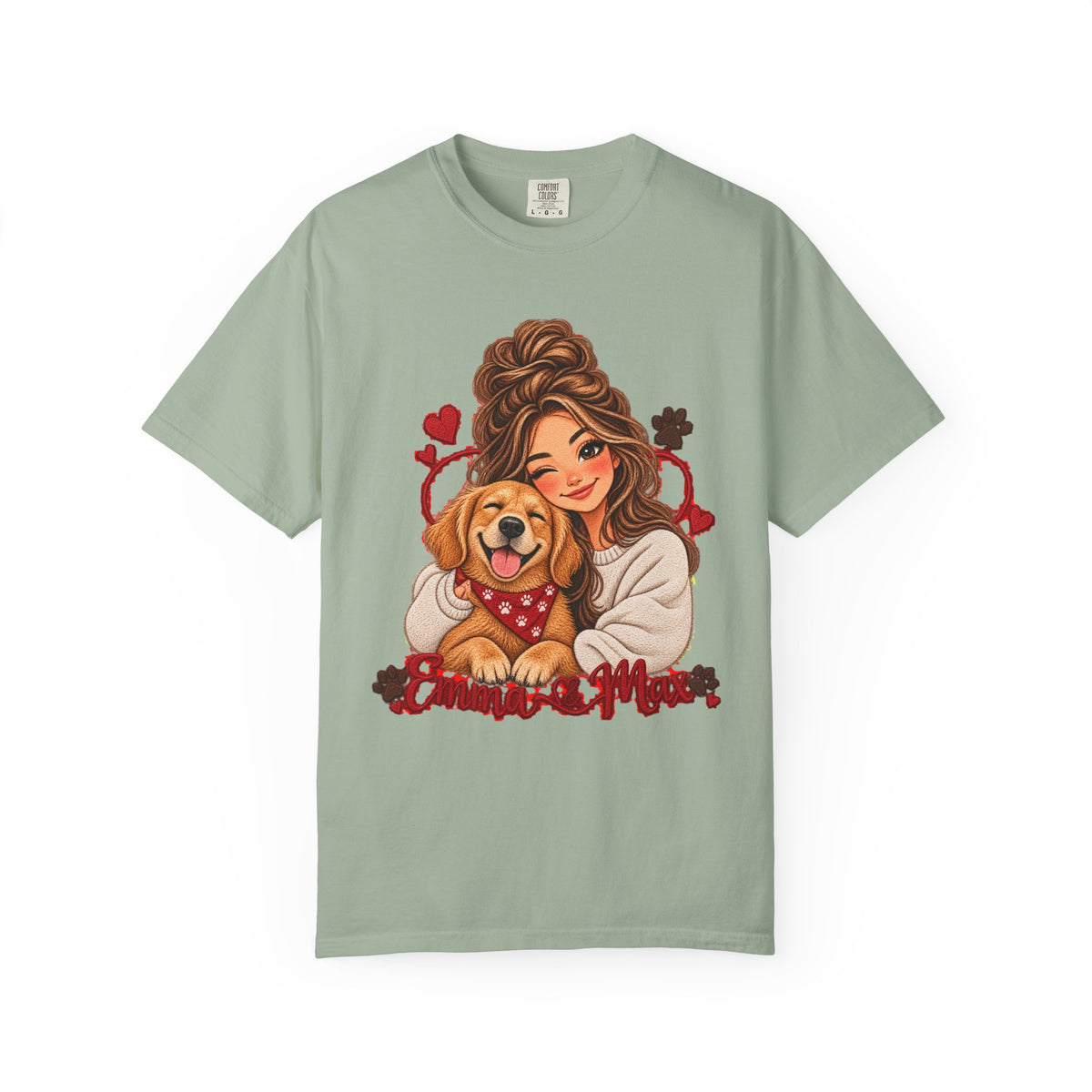 Dog Mom Graphic T-Shirt – Woman Hugging Golden Retriever