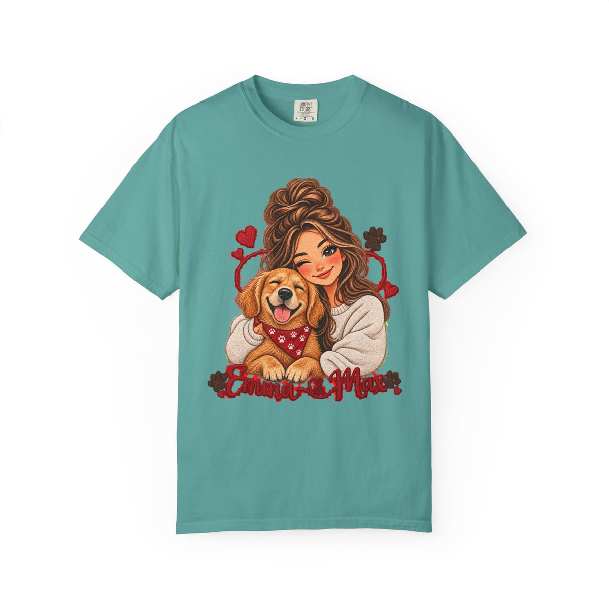Dog Mom Graphic T-Shirt – Woman Hugging Golden Retriever