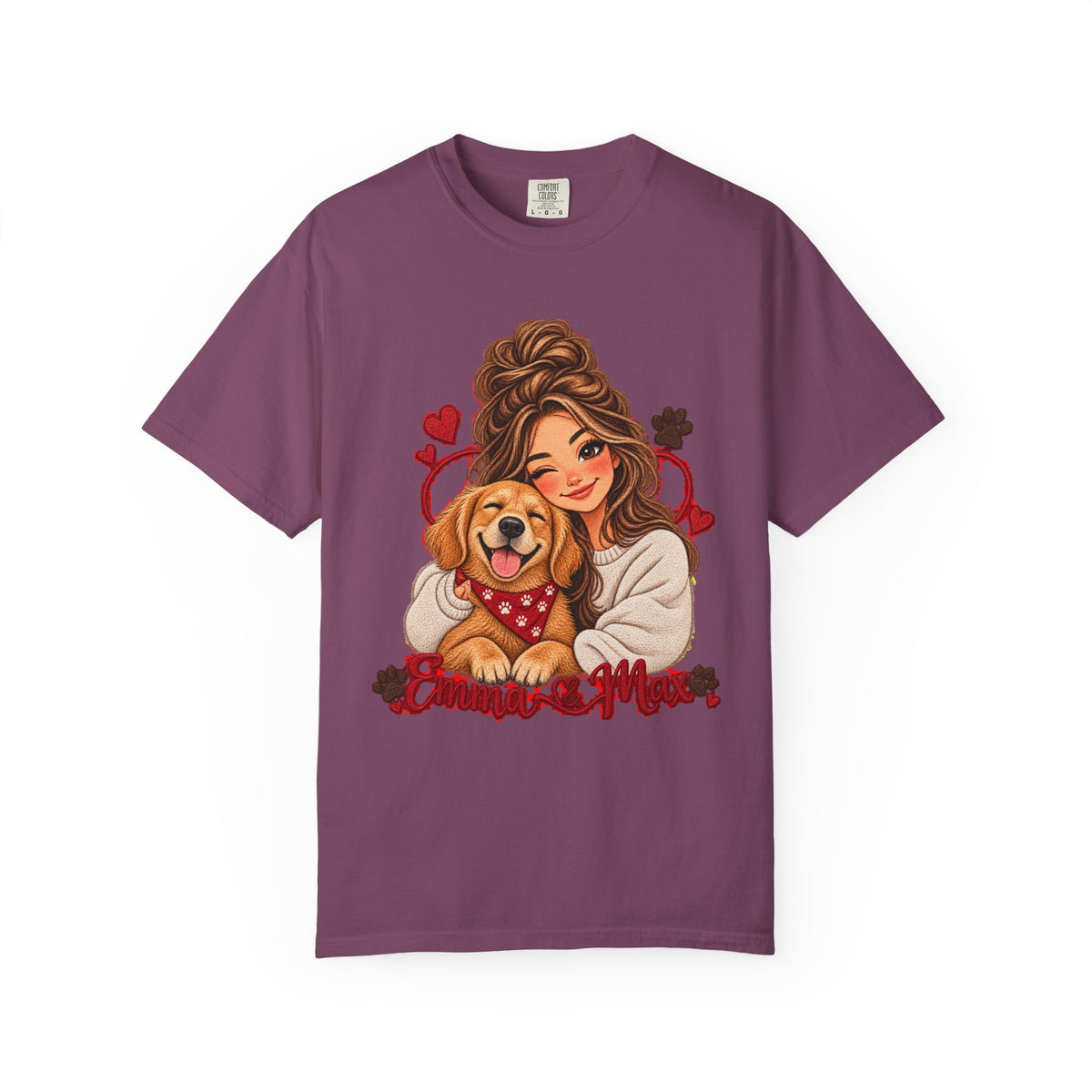 Dog Mom Graphic T-Shirt – Woman Hugging Golden Retriever