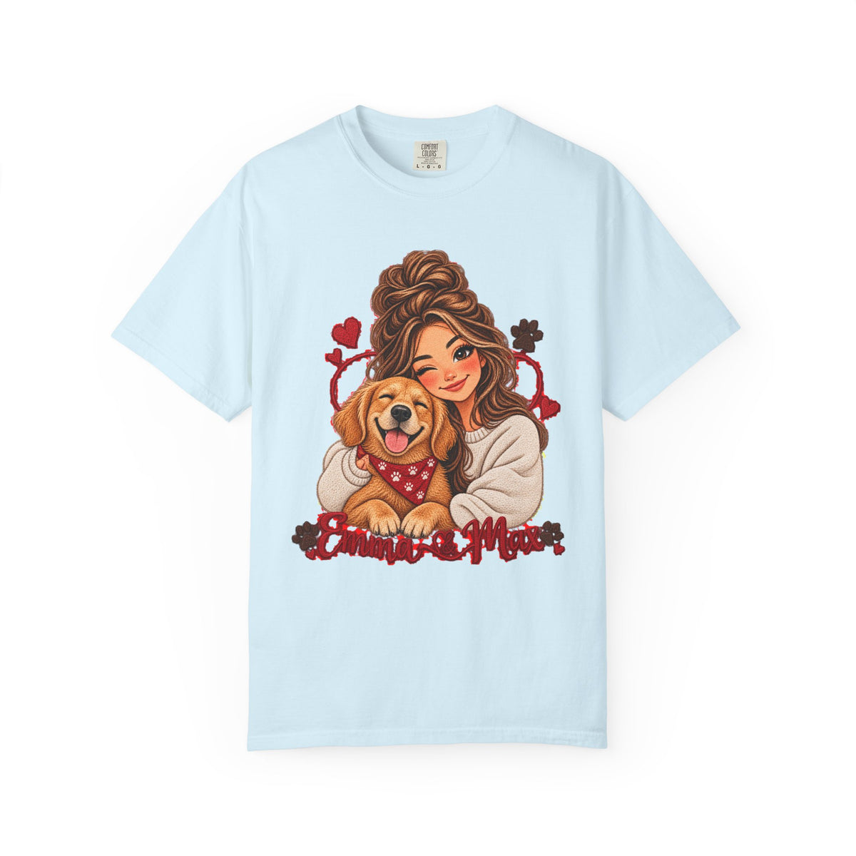 Dog Mom Graphic T-Shirt – Woman Hugging Golden Retriever