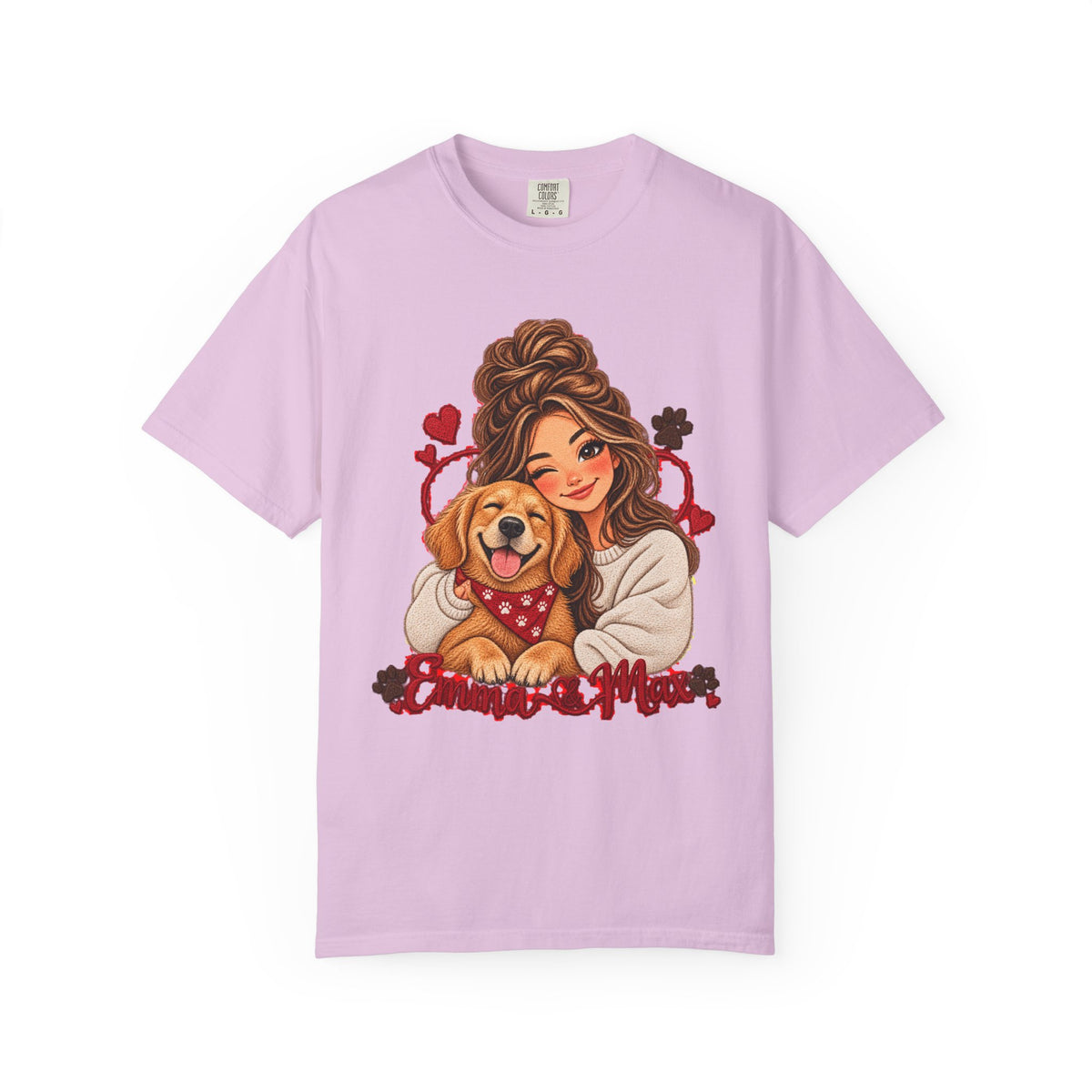 Dog Mom Graphic T-Shirt – Woman Hugging Golden Retriever