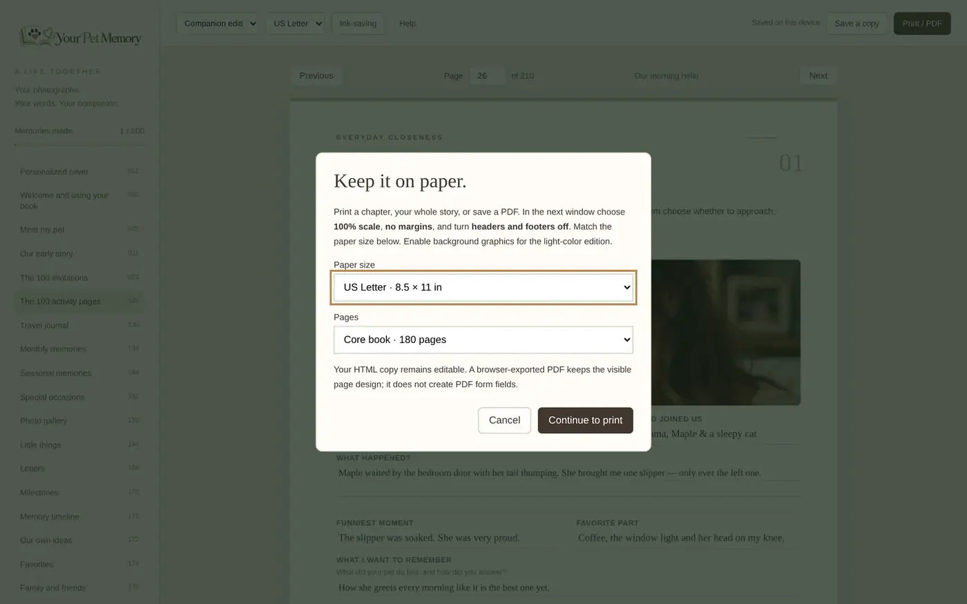 Print and PDF window with paper size and page options