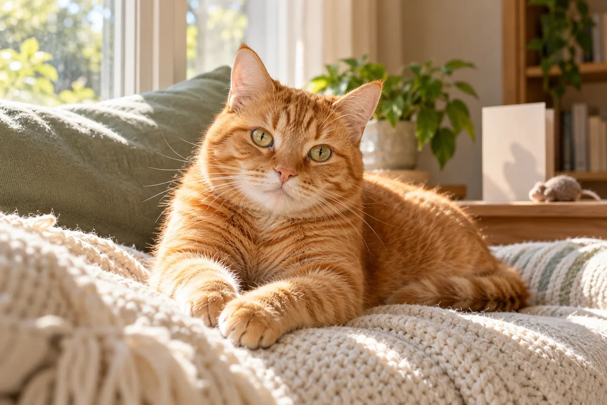 Photo-style illustration of a ginger cat beside a birthday card and favourite toy.
