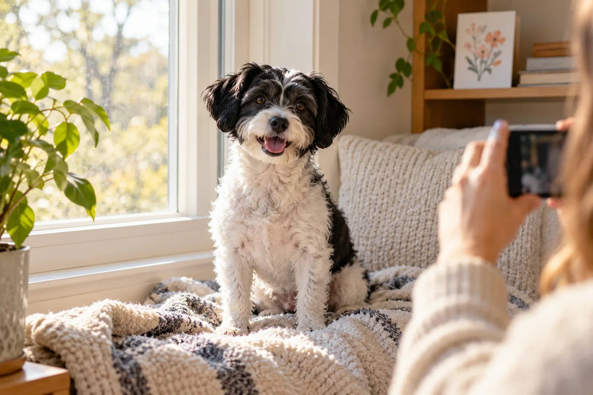 Photo-style illustration of a dog being photographed at home with a phone.