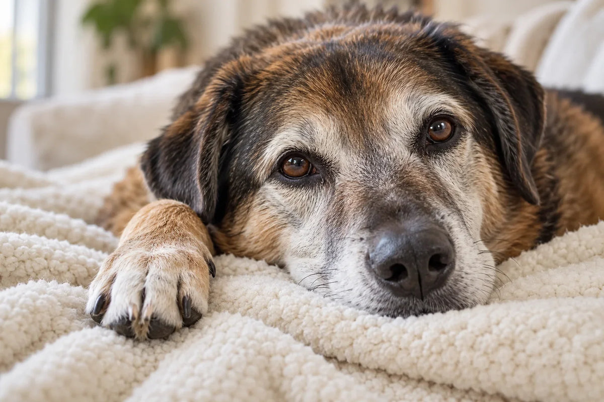 Photo-style illustration of a senior dog resting with a paw visible on a cream blanket.