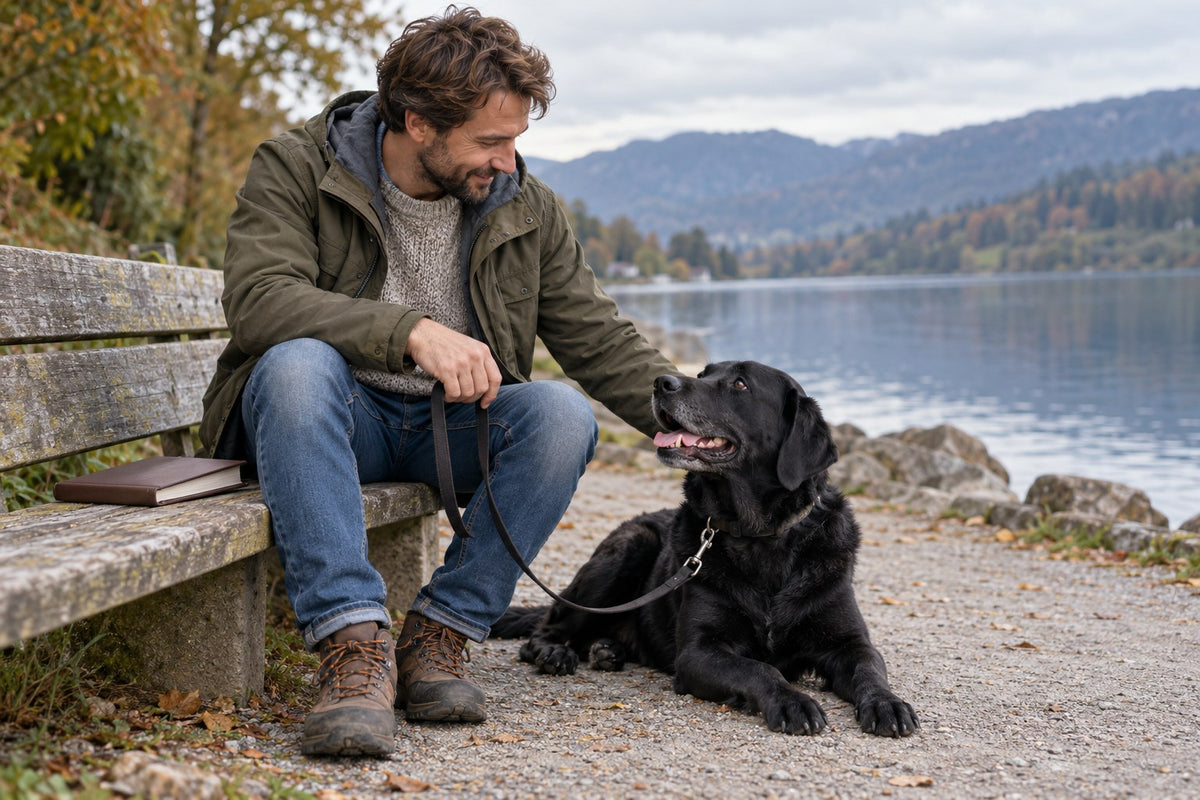 Man and black Labrador resting beside a lakeside path