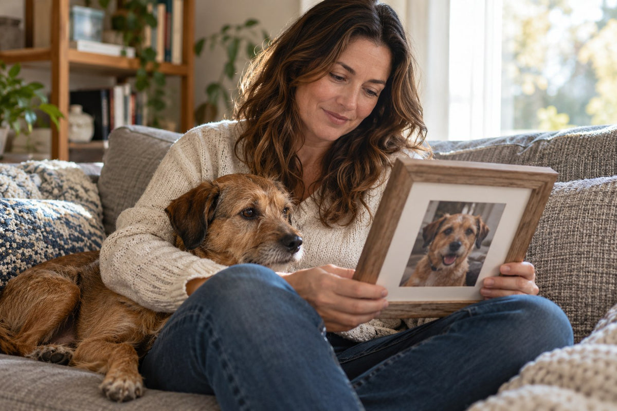 Woman and small brown dog looking at a framed pet photograph at home