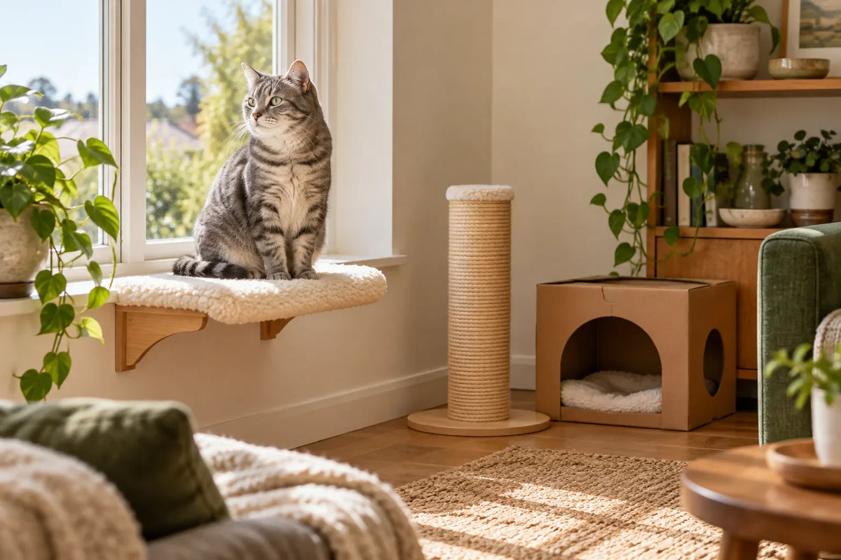 Generated photo-style illustration of a tabby cat on a window perch beside a scratching post and hideaway.