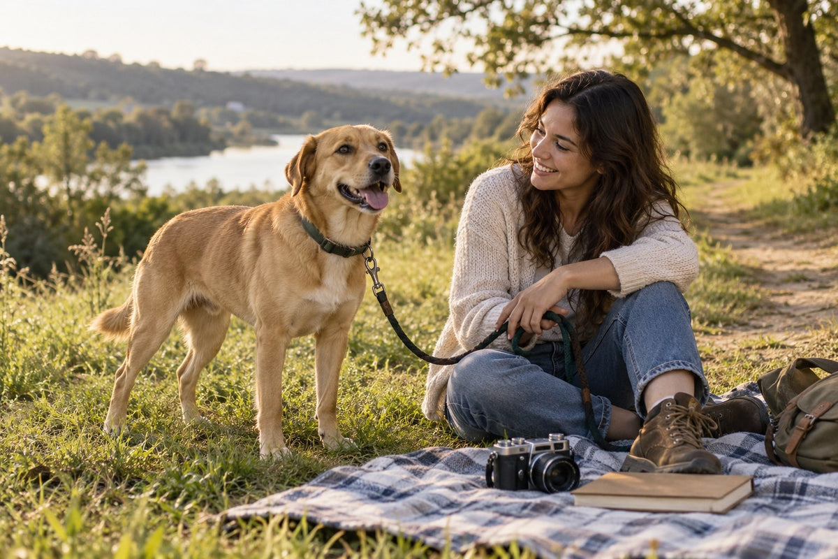 Owner and tan dog beside a picnic blanket on a quiet grassy path.