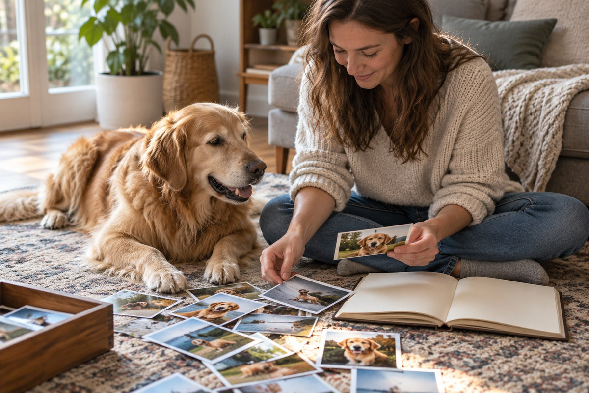 Owner arranging printed dog photographs beside a journal and a relaxed golden retriever