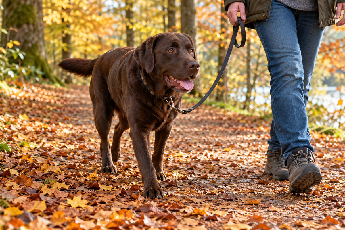 Chocolate Labrador walking on a loose lead along a level autumn woodland path
