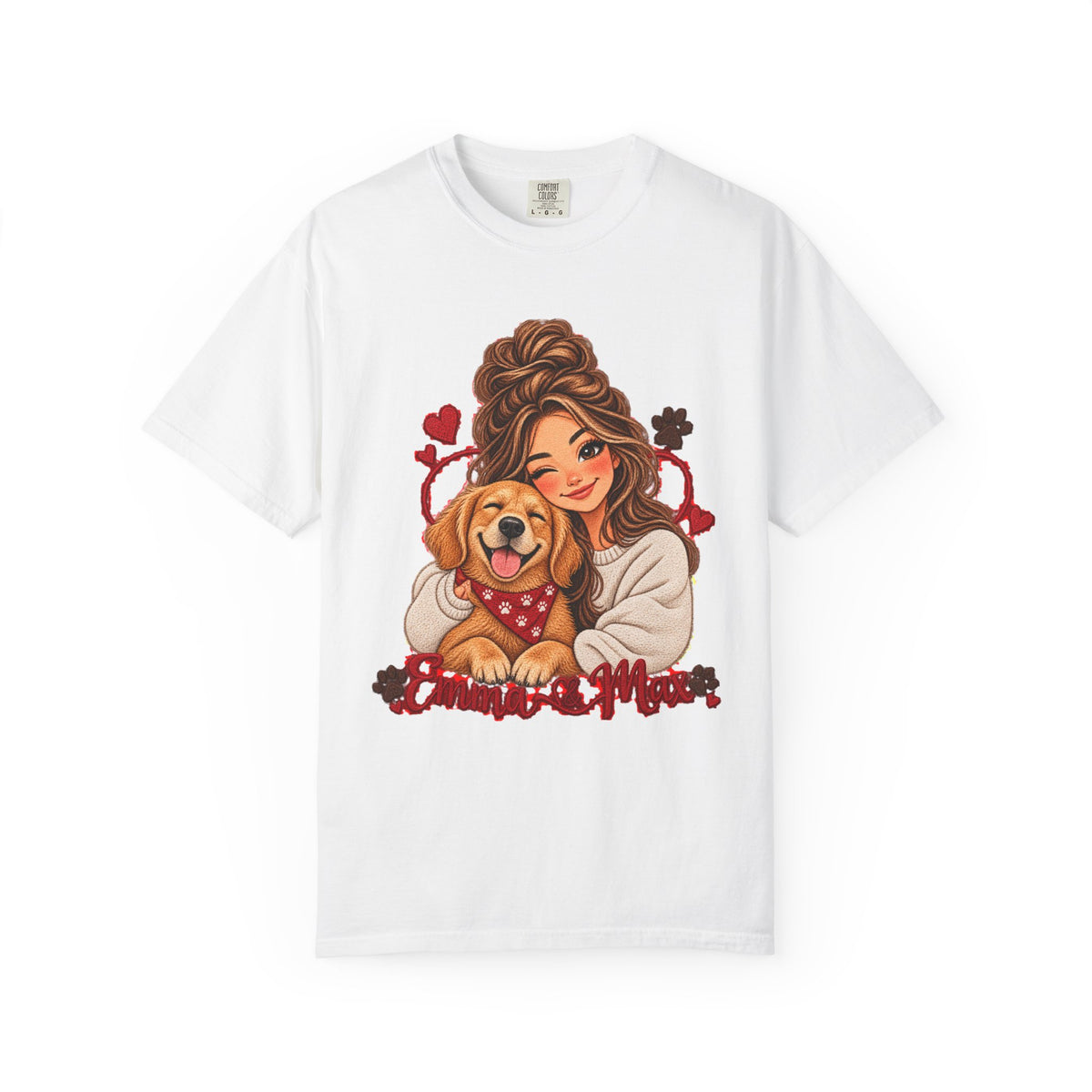 Dog Mom Graphic T-Shirt – Woman Hugging Golden Retriever