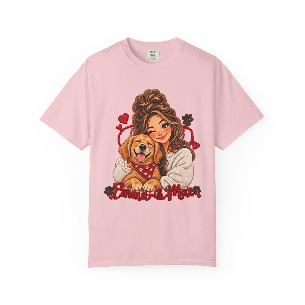 Dog Mom Graphic T-Shirt – Woman Hugging Golden Retriever