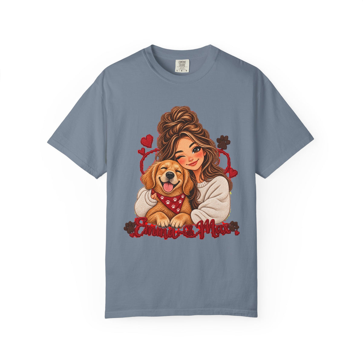 Dog Mom Graphic T-Shirt – Woman Hugging Golden Retriever