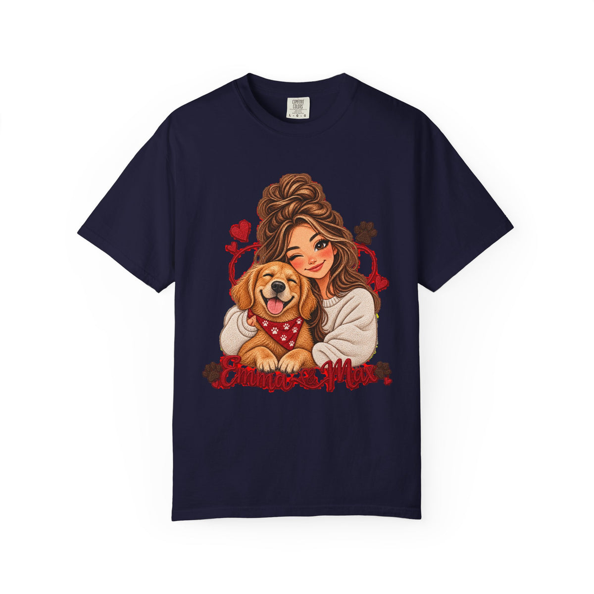 Dog Mom Graphic T-Shirt – Woman Hugging Golden Retriever