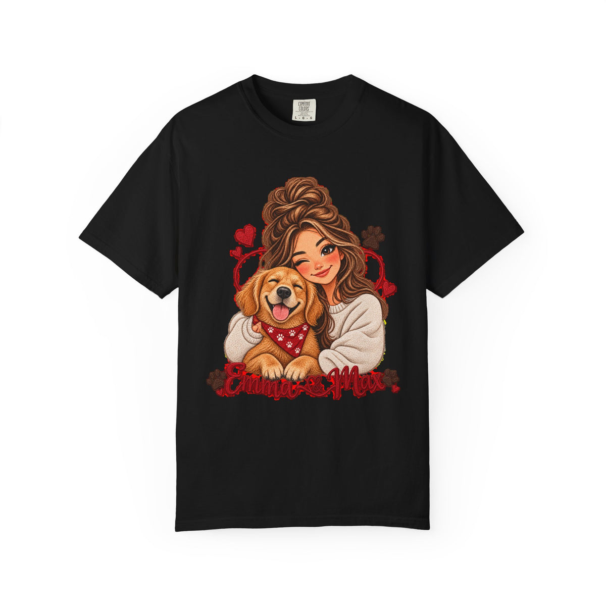 Dog Mom Graphic T-Shirt – Woman Hugging Golden Retriever