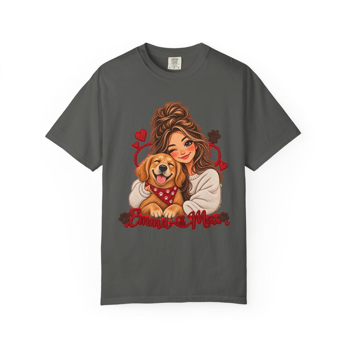 Dog Mom Graphic T-Shirt – Woman Hugging Golden Retriever