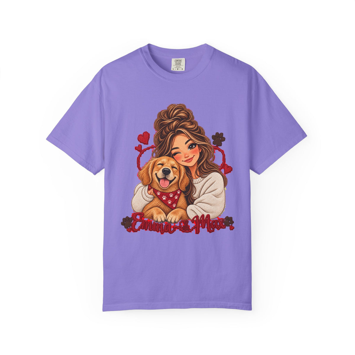 Dog Mom Graphic T-Shirt – Woman Hugging Golden Retriever