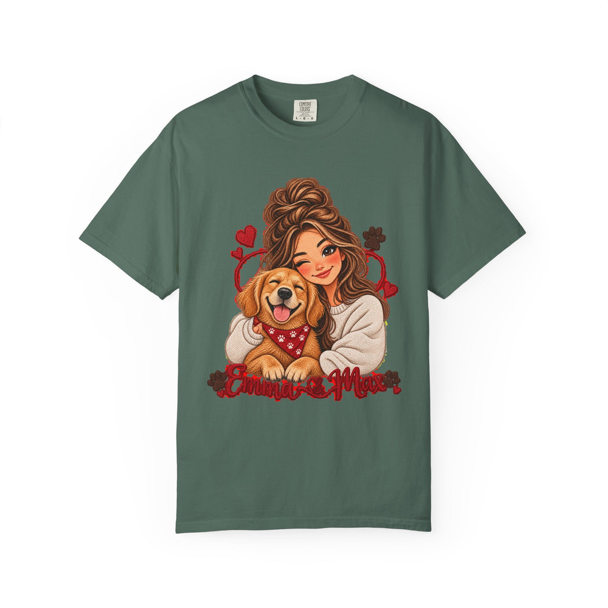 Dog Mom Graphic T-Shirt – Woman Hugging Golden Retriever