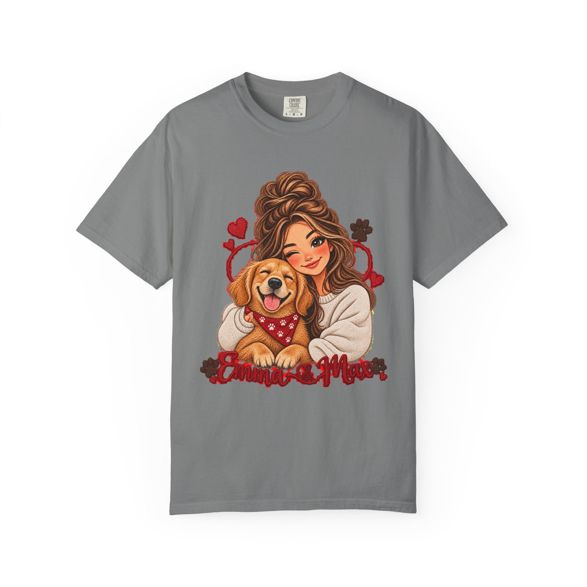 Dog Mom Graphic T-Shirt – Woman Hugging Golden Retriever