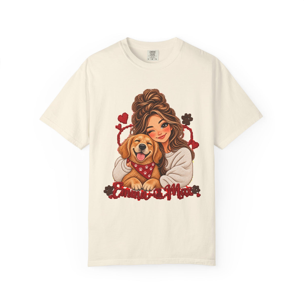 Dog Mom Graphic T-Shirt – Woman Hugging Golden Retriever