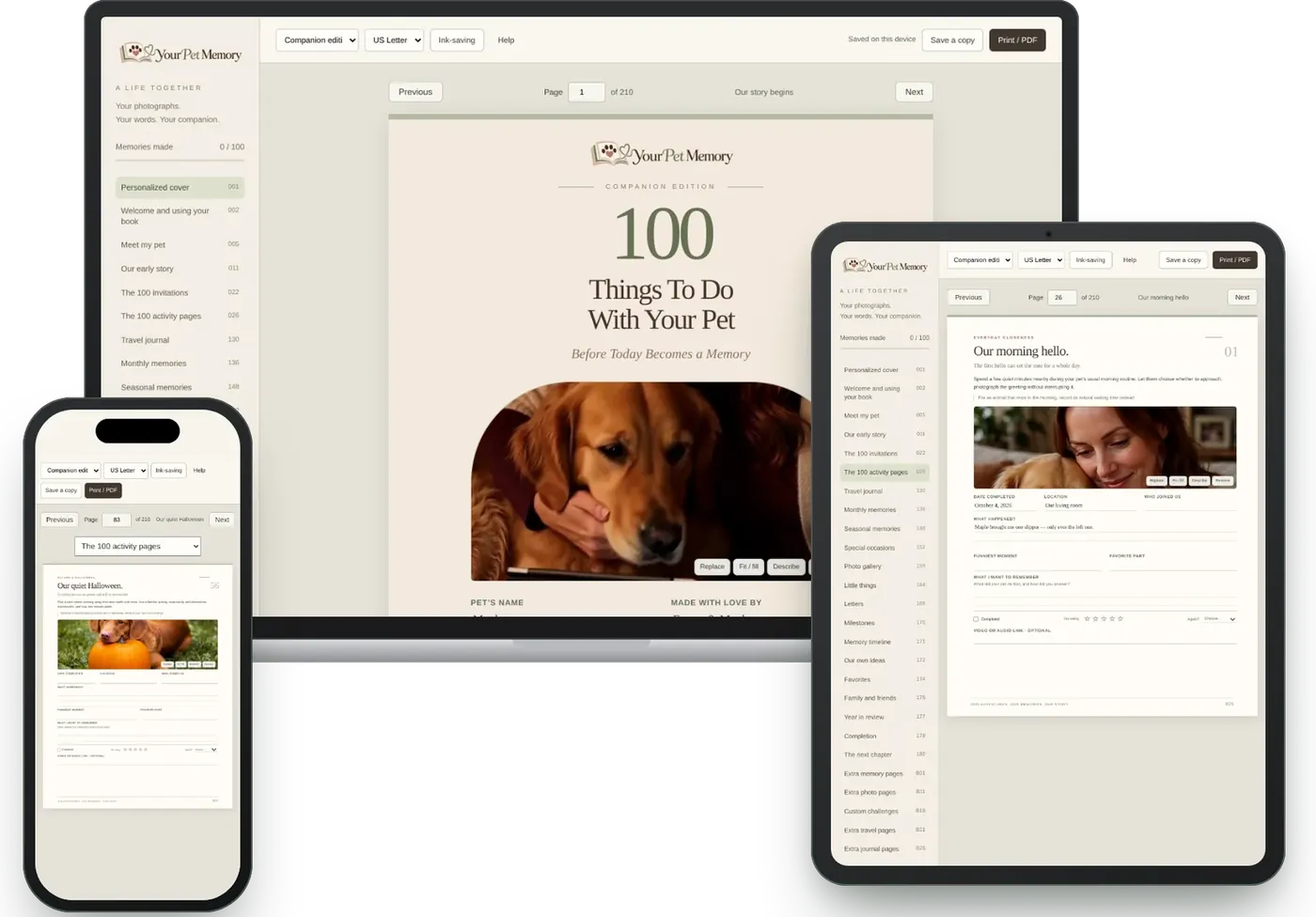 Your Pet Memory open on a laptop, a tablet and a phone