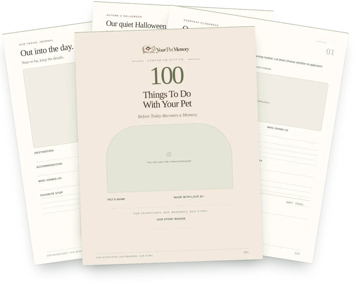 Printed pages from the Your Pet Memory printable PDF: cover, activity page, Halloween page and travel journal