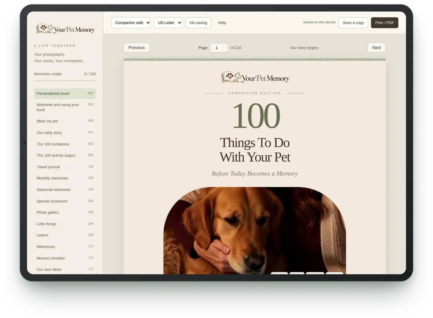 Your Pet Memory interactive book on a tablet