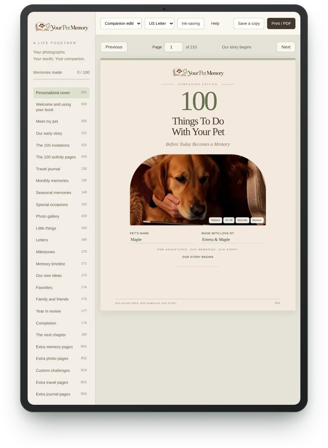 The modern Your Pet Memory interactive book with a personalized cover