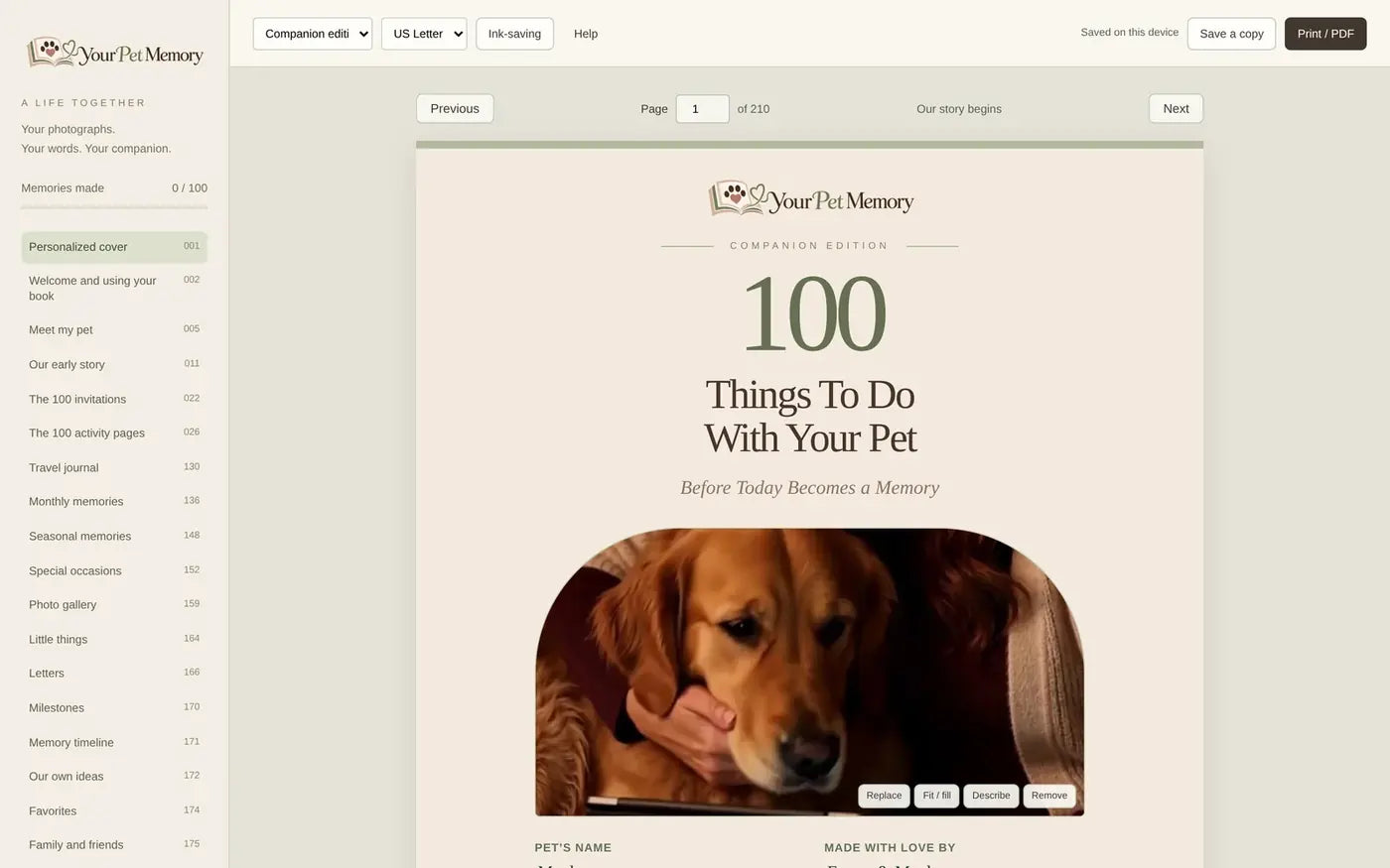 Personalized cover page with a pet photo