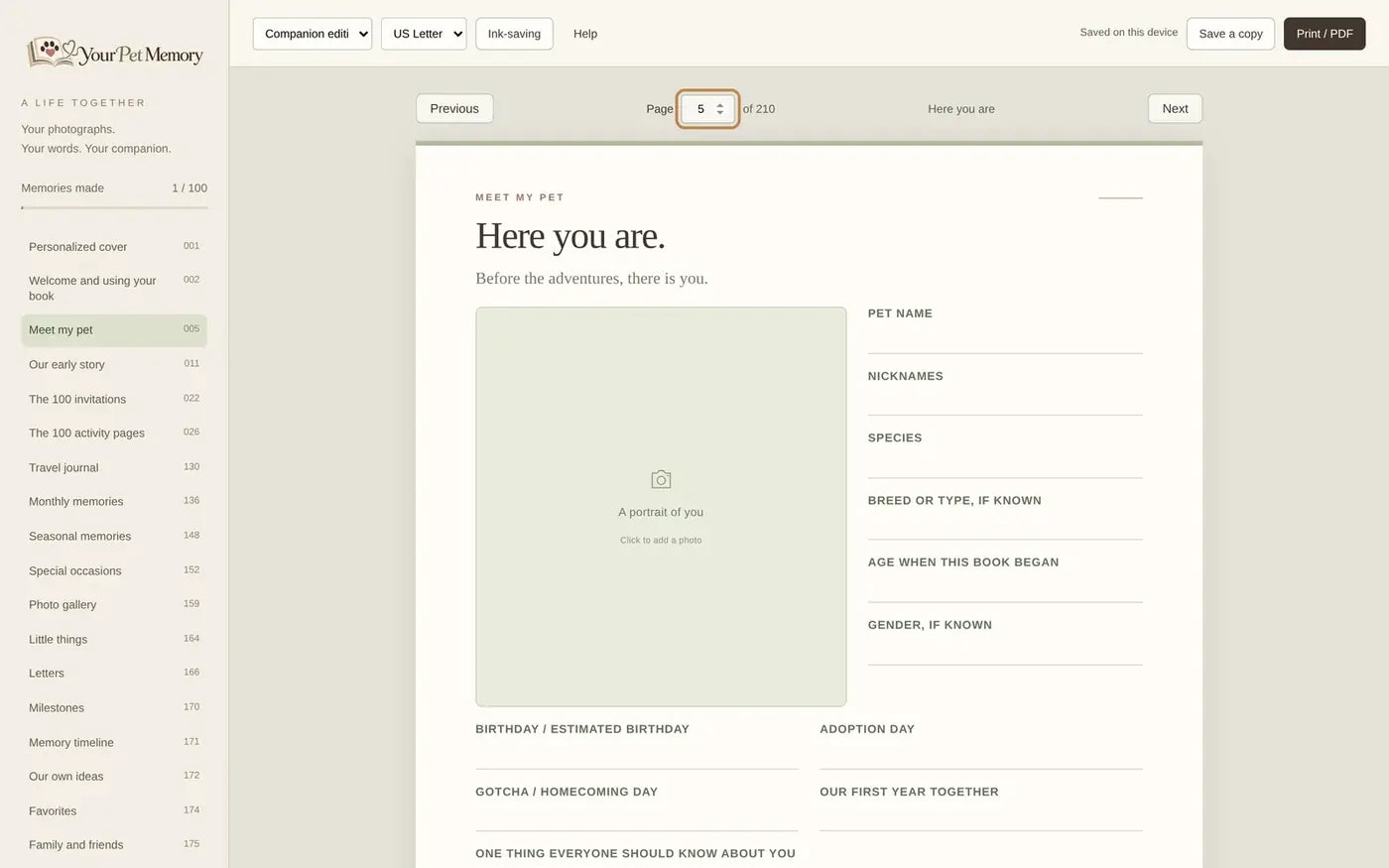 Meet my pet page with portrait frame and profile fields