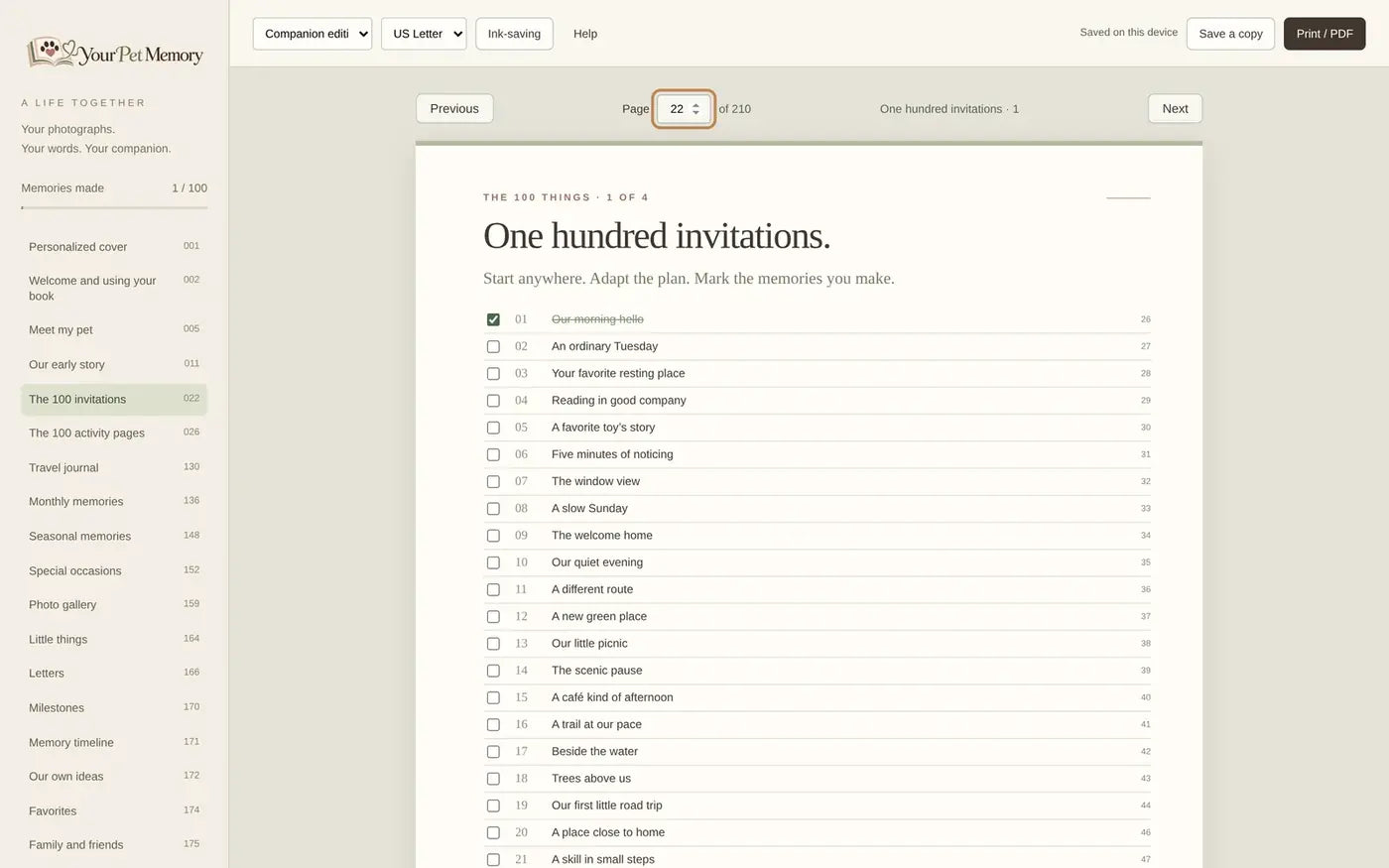 One hundred invitations overview with completion checkboxes